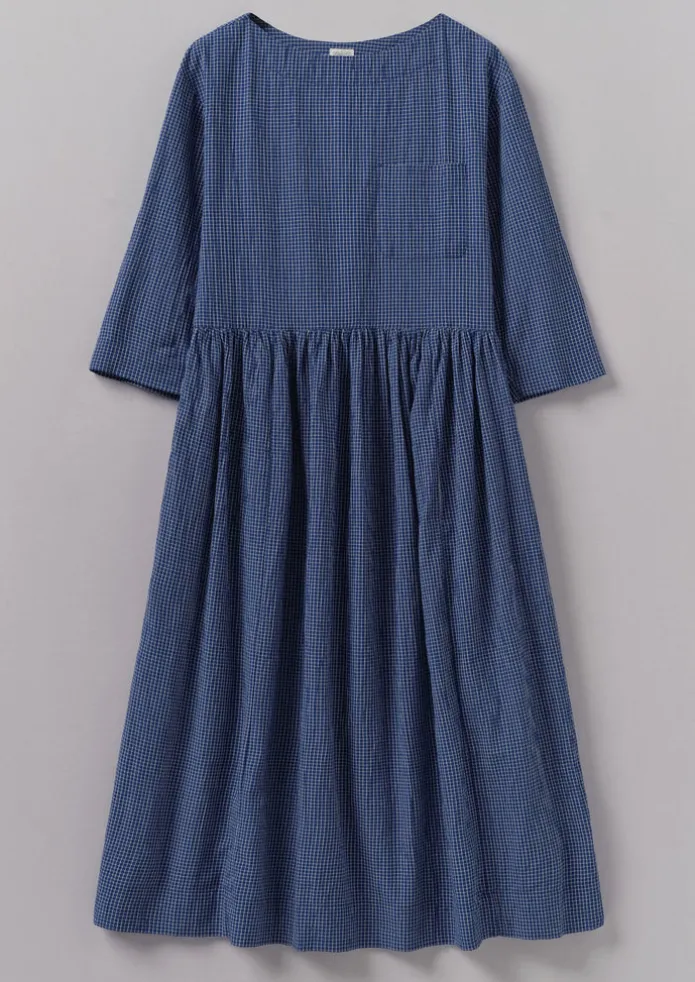 Check Crinkle Cotton Boat Neck Dress
