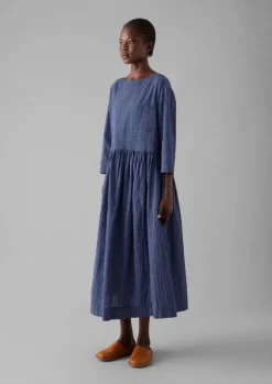 Check Crinkle Cotton Boat Neck Dress