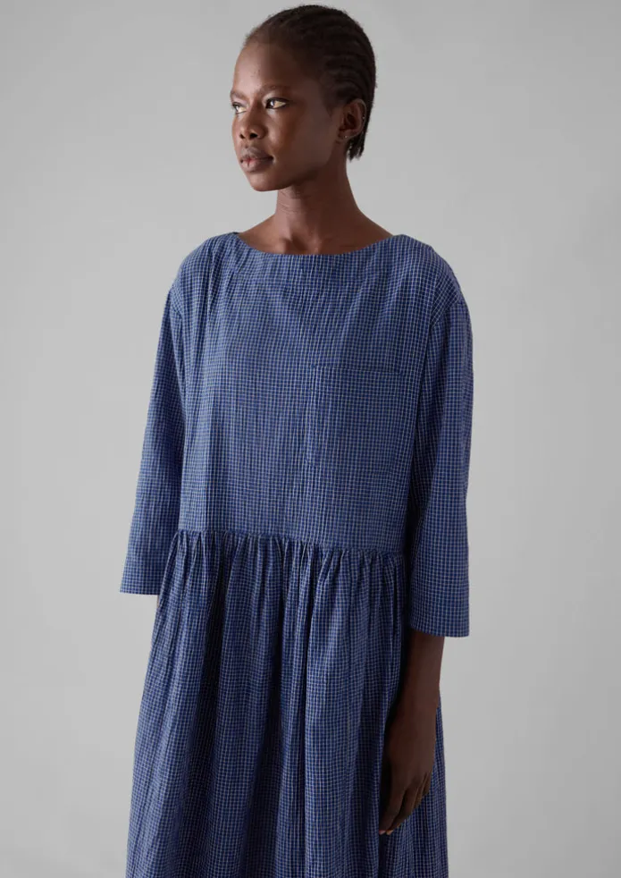 Check Crinkle Cotton Boat Neck Dress