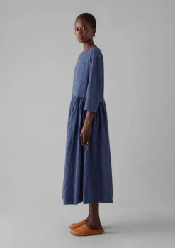 Check Crinkle Cotton Boat Neck Dress