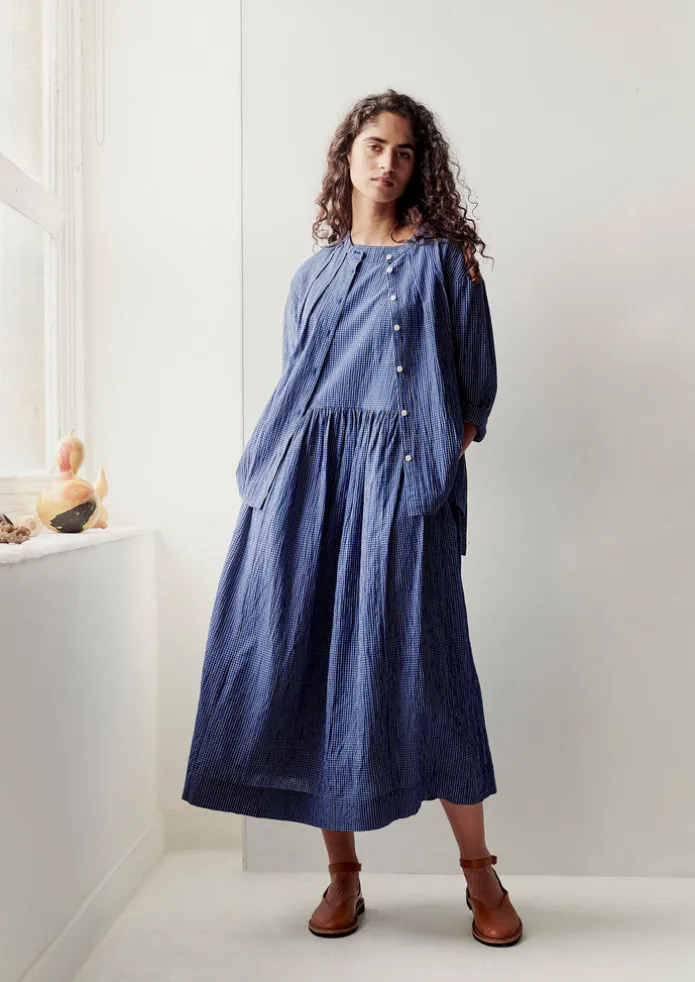 Check Crinkle Cotton Boat Neck Dress