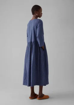 Check Crinkle Cotton Boat Neck Dress