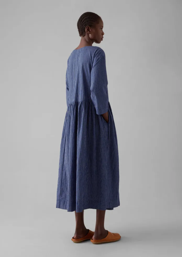 Check Crinkle Cotton Boat Neck Dress