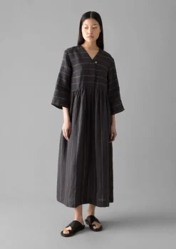 Fine Stripe Linen V-Neck Dress