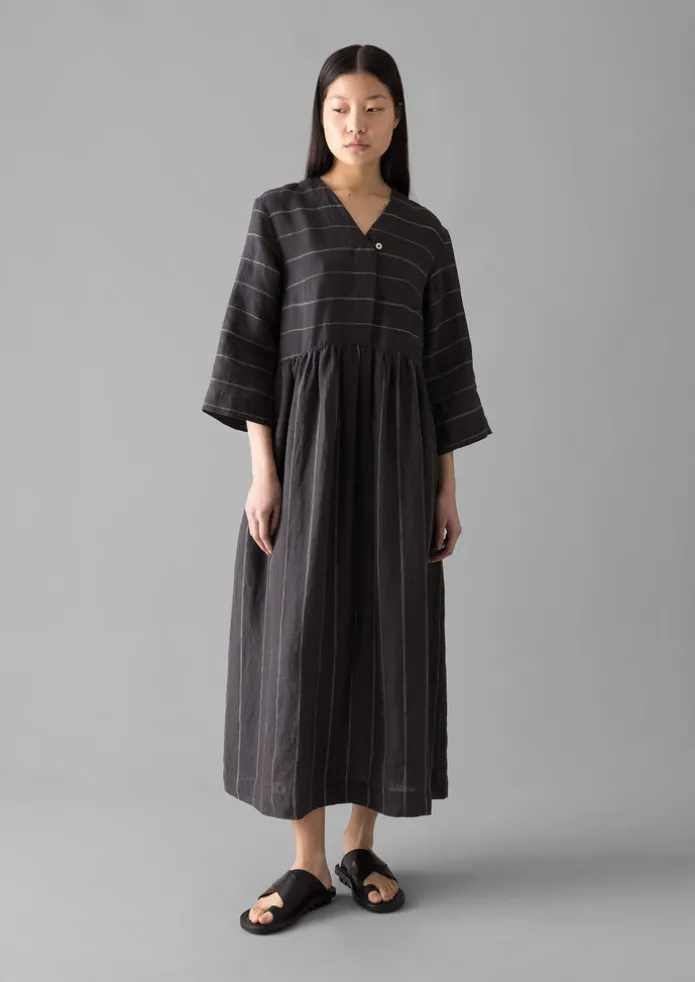 Fine Stripe Linen V-Neck Dress