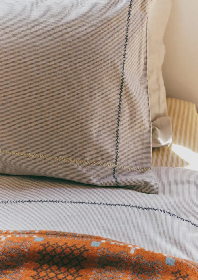 Fine Stripe Organic Cotton Embroidered Pillowcase