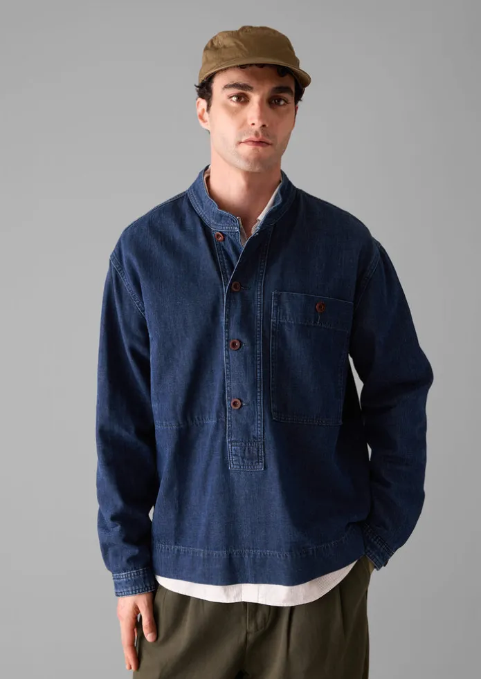 Grandad Collar Half Placket Denim Shirt